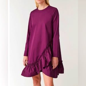 COS 100% Cotton Pink Burgundy Overlap Ruffle Long Sleeves A-Line Women’s Dress 4